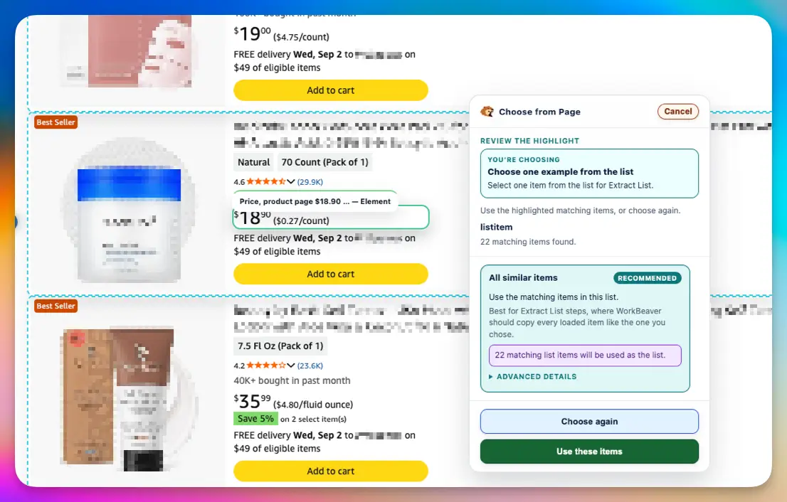 WorkBeaver selecting matching items from a shopping page