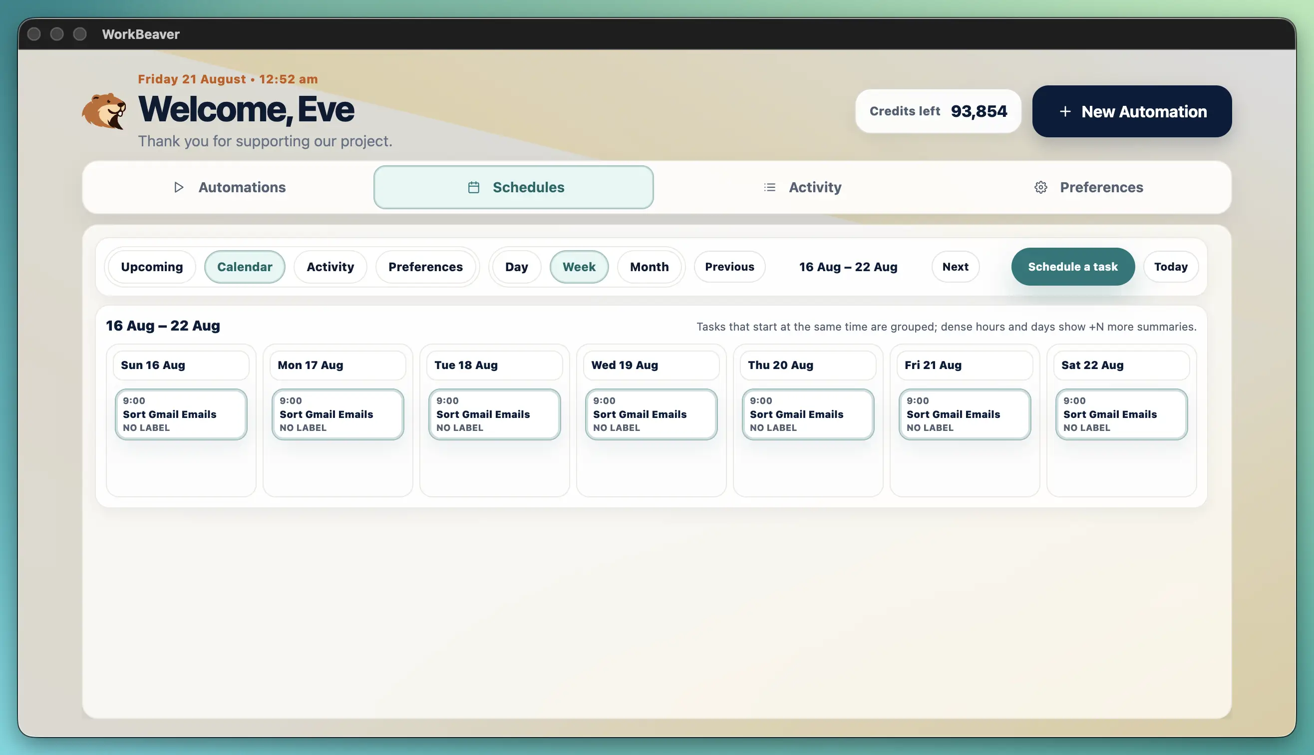 WorkBeaver calendar showing a scheduled email-sorting automation