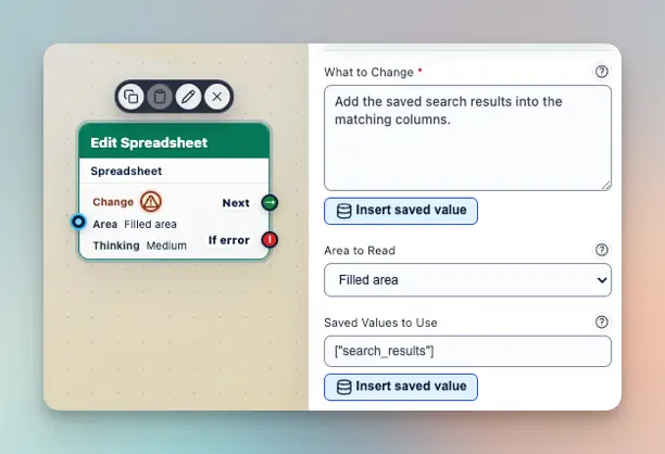 WorkBeaver spreadsheet step configured to add saved results