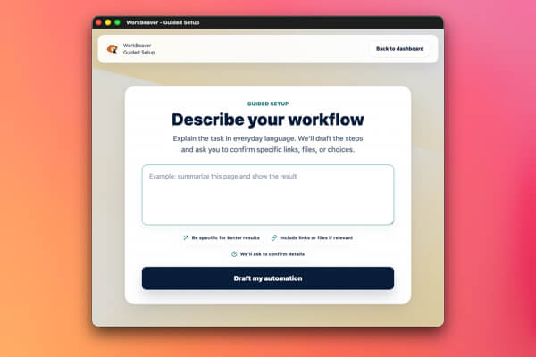 WorkBeaver task setup screen