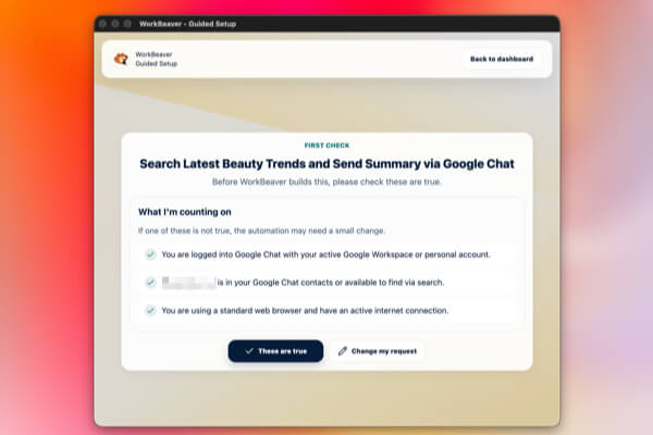 WorkBeaver automation steps review screen